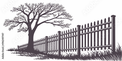 A serene landscape featuring a solitary tree and a long wooden fence