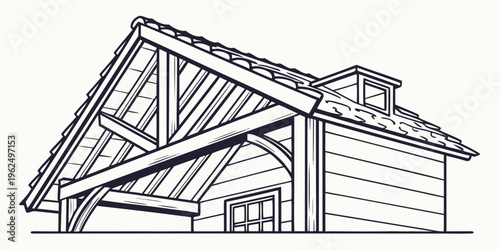 A detailed architectural drawing of a house with a gabled roof and dormer windows