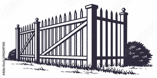 A detailed illustration of a classic wooden picket fence with a gate