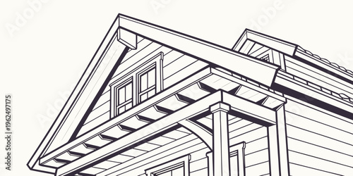 A detailed architectural drawing of a house with a gable roof and dormer windows