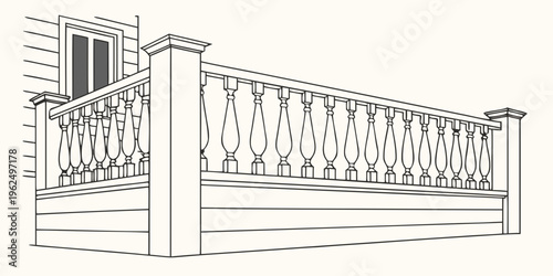 Elegant white balcony with intricate railing design and wooden posts.