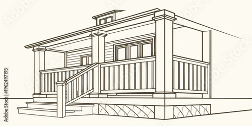 A detailed architectural drawing of a traditional wooden house with a porch