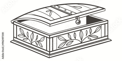 An intricately carved wooden box with a hinged lid and a floral design.