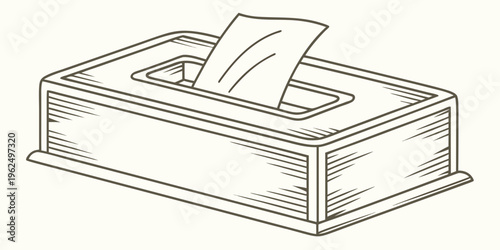 A vintage wooden box with a lid containing a white envelope and papers.