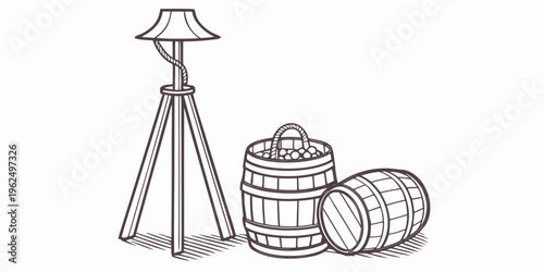 A vintage lamp with a tripod base next to wooden barrels and a lantern.