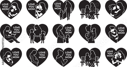 Black silhouette of mother and child in various poses with love you mom text black silhouettes heart