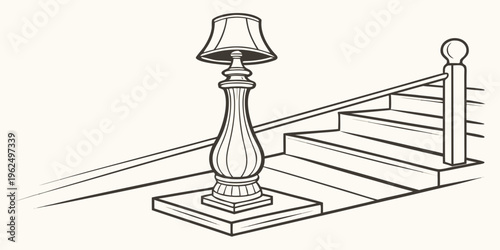 A vintage lamp with a decorative base standing at the bottom of a staircase.
