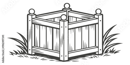 A vintage wooden birdcage with intricate designs and a domed top, surrounded by grass.