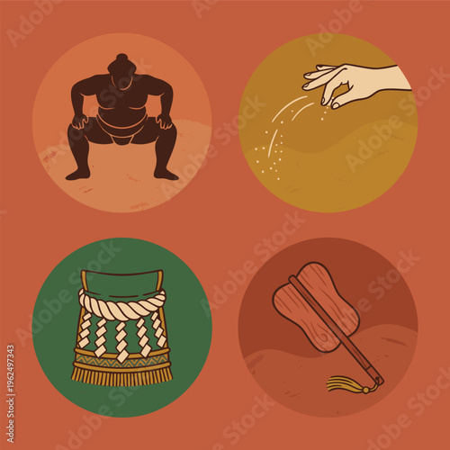Sumo wrestling elements and cultural symbols.