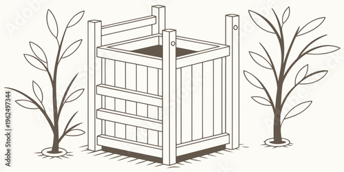 A wooden shipping crate surrounded by three small trees in a minimalist illustration