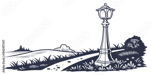 A vintage street lamp stands tall on a winding path through a serene countryside landscape