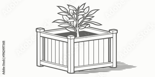 A white wooden planter box filled with soil and a small plant