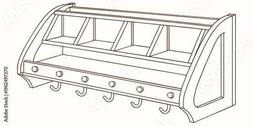 A wooden spice rack with multiple shelves and hooks for hanging utensils.