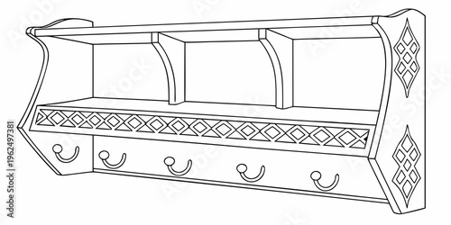 A beautifully designed wooden bench with intricate carvings and a shelf above