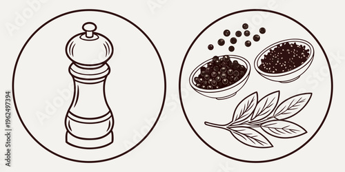 A pepper mill and peppercorns with bay leaves, illustrating the process of grinding pepper.