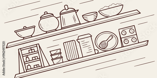 A well-organized kitchen shelf displaying various dishes and food items.