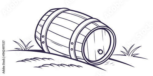 An old, weathered barrel lying on its side in a grassy area.