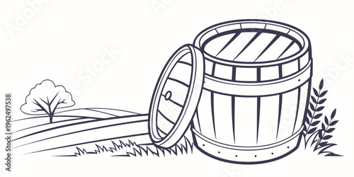 A large wooden barrel with a lid sits in a field with trees in the background.