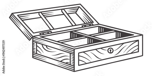 An open wooden box with compartments for storing various items.