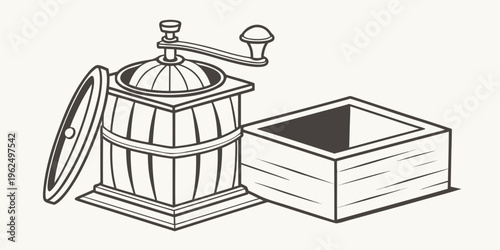 A vintage coffee grinder and a container of coffee beans on a wooden table