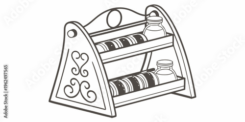 A vintage wooden shelf with decorative swirls holding various rolled textiles