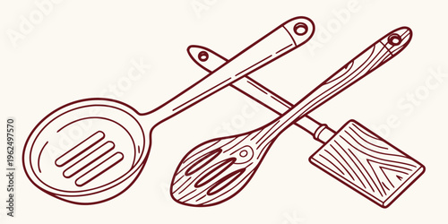 A set of three kitchen utensils drawn in a simple line art style