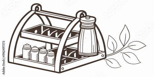 A wooden spice rack with various jars and a salt shaker displayed on a shelf.