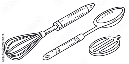 A set of kitchen utensils including a whisk, spatula, and ladle