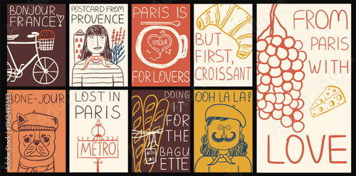 Hand-drawn collage of French travel posters with iconic Parisian symbols, cute characters, delicious bakery food, and romantic typography quotes. Cards for vacation designs and cafe decorations.