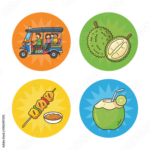 Thai Culture Icons - Tuk-Tuk, Durian, Skewers, Coconut Drink.