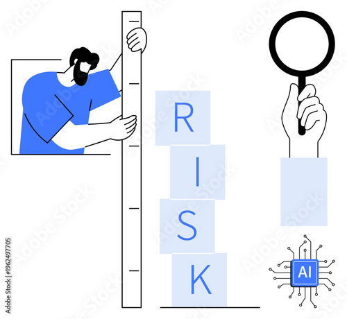 AI ethics, risk analysis, safety, security, data assessment, decision-making. A person holding a ruler, blocks spelling RISK and AI chip graphic. AI ethics and risk analysis in focus