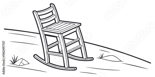 A vintage wooden rocking chair on a sandy beach with seashells nearby