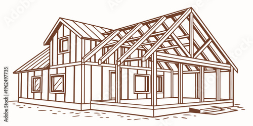 Detailed architectural sketch of a wooden house under construction with visible framing
