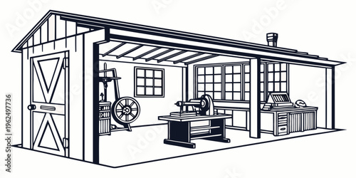 A spacious workshop with various tools and equipment for woodworking and metalworking
