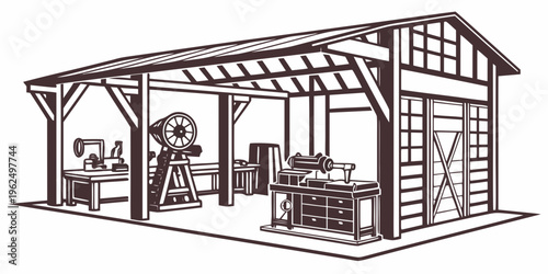 A detailed illustration of a wooden shed with various tools and equipment inside.