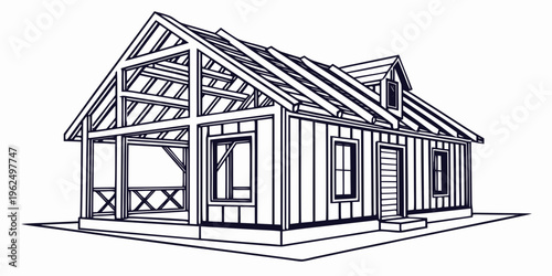 A detailed architectural drawing of a house with a porch and a pitched roof