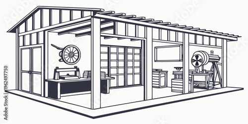 A spacious and well-organized workshop with various tools and equipment.