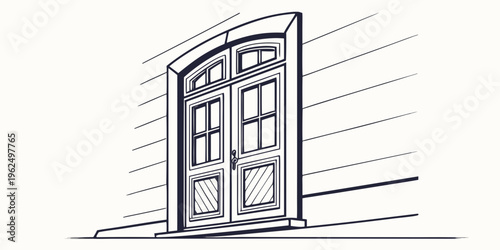 An old wooden door with intricate designs and glass panels set in a brick wall