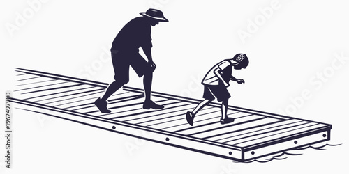 Two individuals are walking on a narrow wooden plank elevated above the ground.