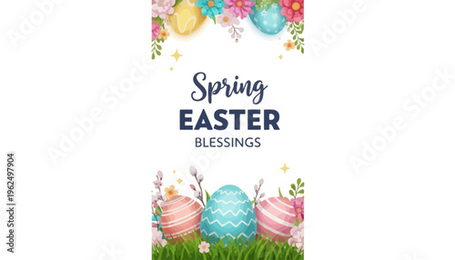 A colorful Easter graphic with eggs and flowers on a white background