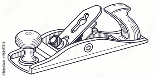 A detailed illustration of a traditional wooden hand plane with a metal blade.