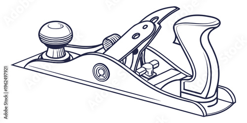 A detailed illustration of a traditional wooden hand plane used for woodworking.