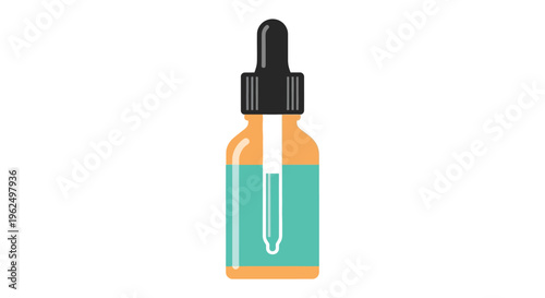 Glass dropper bottle with orange and teal label in minimalist style for wellness product advertising