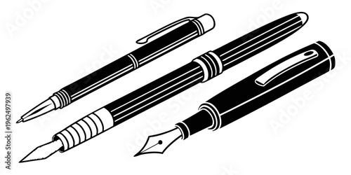 Three stylish fountain pens with different designs and colors lying on a surface