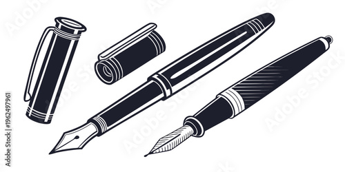 A collection of elegant fountain pens and their caps on a white background.