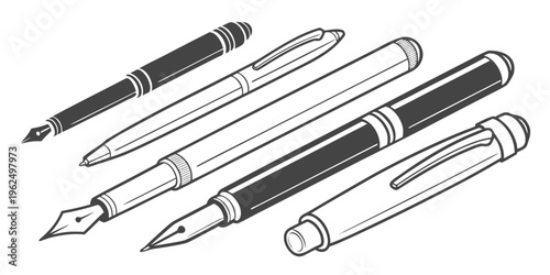 A collection of various pens and pencils displayed on a white background