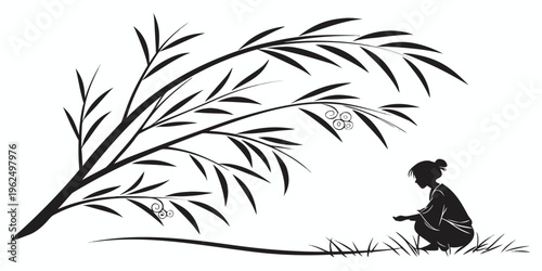 A small bird perched on a branch with long, flowing leaves in a serene natural setting.