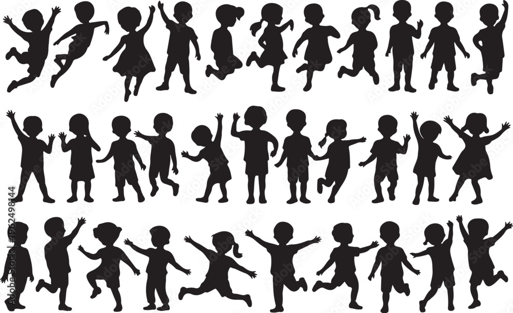 Fototapeta premium children black silhouettes showing jumping dancing running and waving
