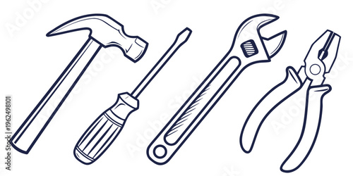 Assorted tools including hammer, screwdriver, wrench, and pliers