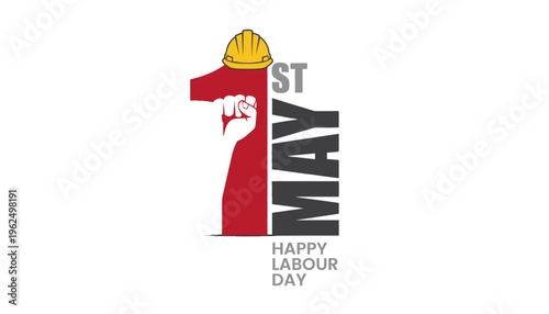 A graphic design celebrating Labour Day with a raised fist and hard hat